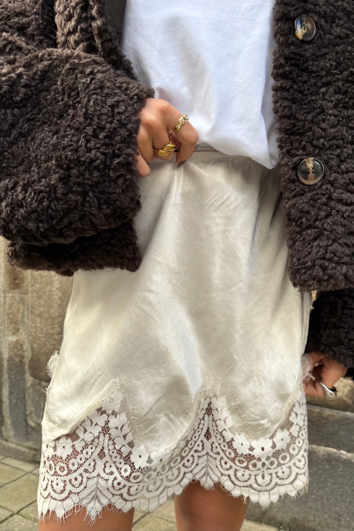 Lace-Edged Satin Skirt in Pearl White