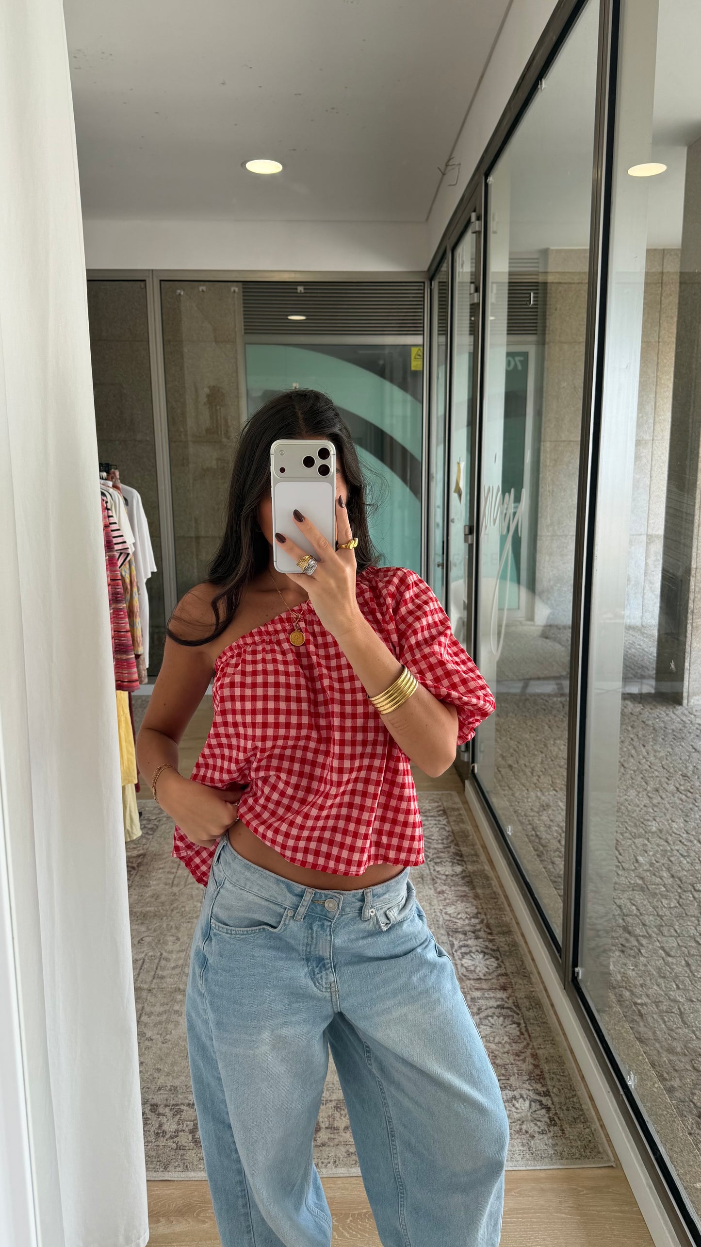 Pink & Red Gingham Asymmetric Top