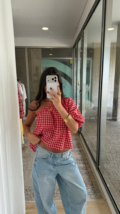 Pink & Red Gingham Asymmetric Top
