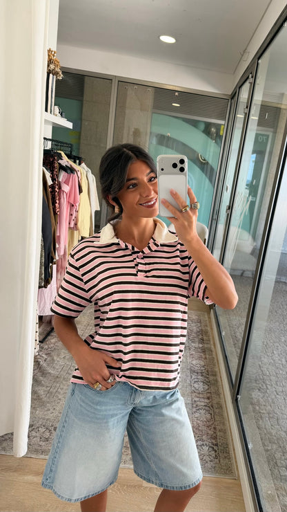 Blush Pink & Chocolate Striped Tee