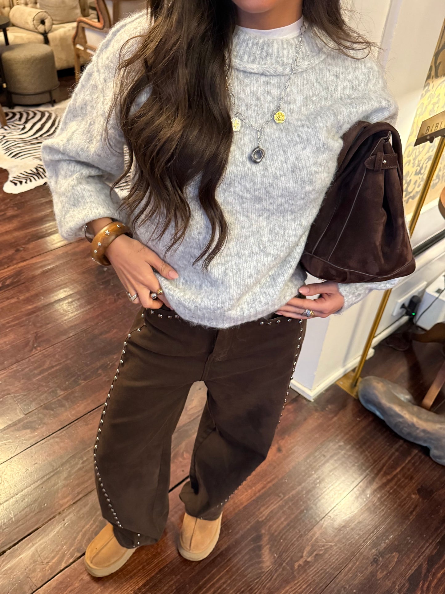 Brown Studded Wide-Leg Pants