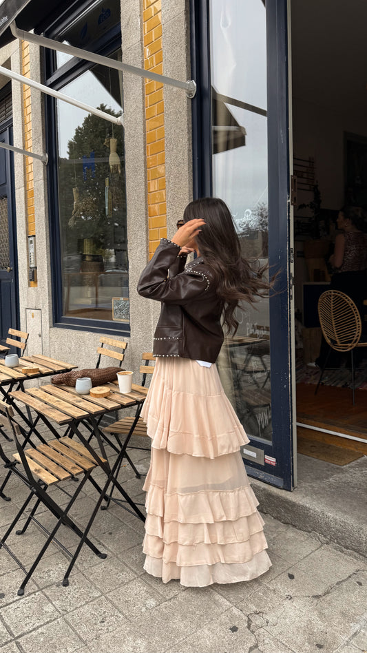 Tiered Ruffle Maxi Skirt in Nude