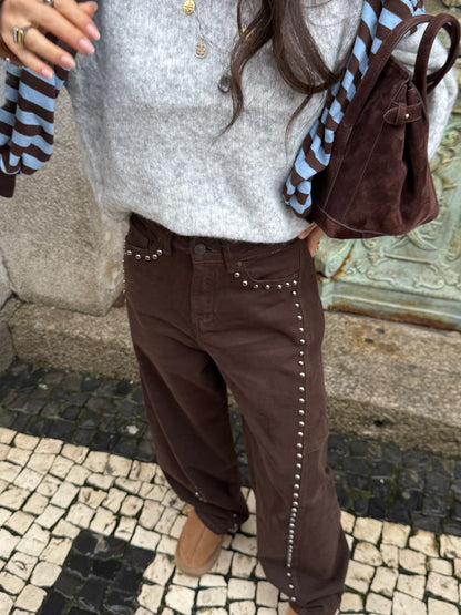 Brown Studded Wide-Leg Pants