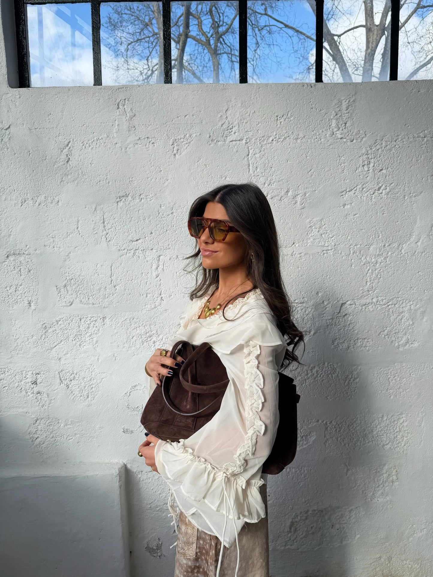 Off White Sheer Ruffle Blouse
