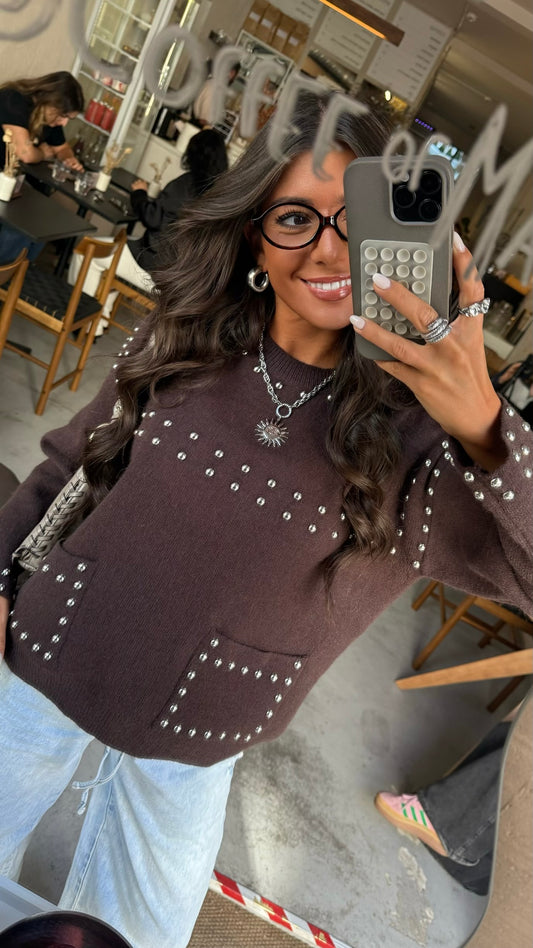 Chocolate Studded Knit Sweater