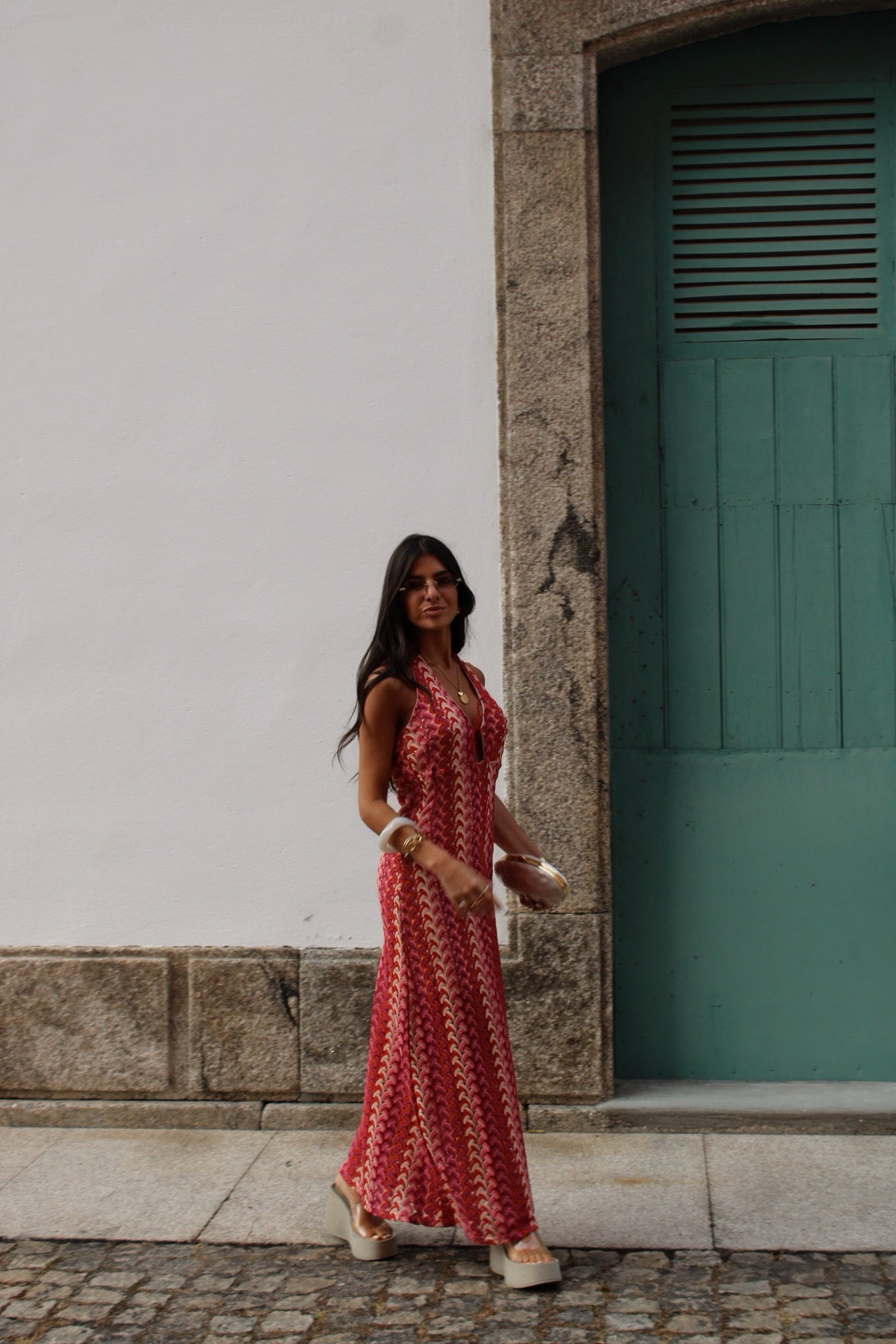 Maxi Crochet Dress in Vibrant Shades of Red and Pink