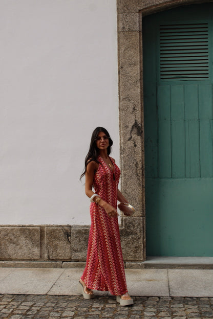 Maxi Crochet Dress in Vibrant Shades of Red and Pink