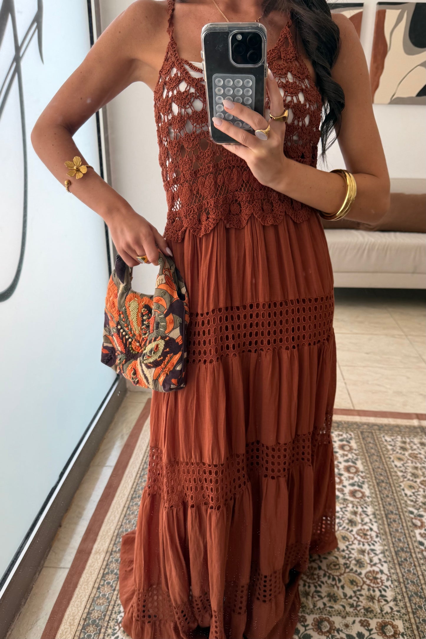 Crochet Trim Maxi Dress in Terracotta