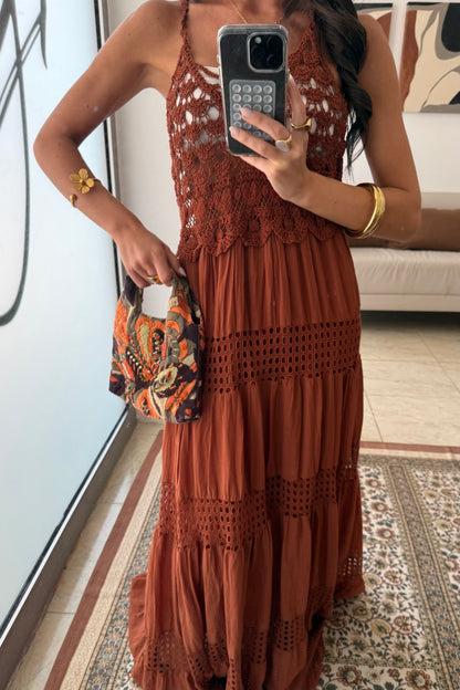 Crochet Trim Maxi Dress in Terracotta