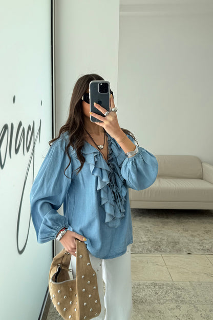 Ruffled Blouse in Light Blue