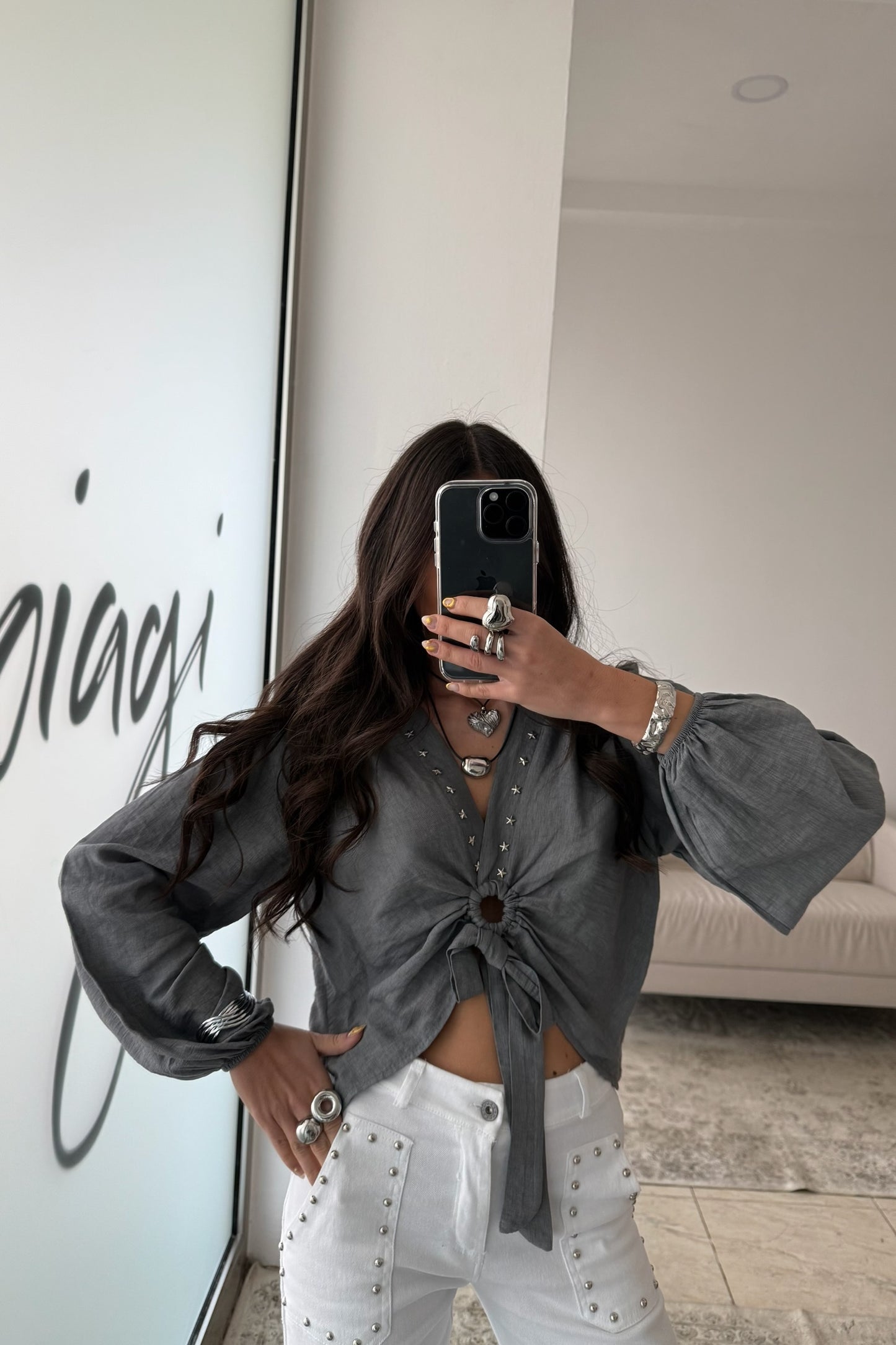 Cropped Top with Star Studs In Grey