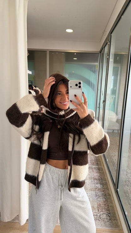 Brown & White Striped Knit Zip Jacket