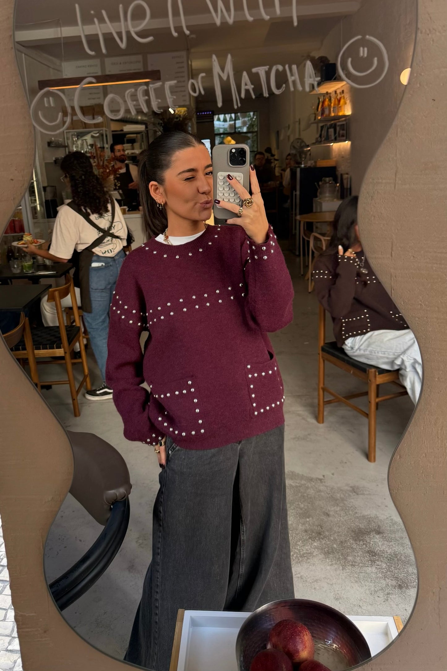 Wine Studded Knit Sweater