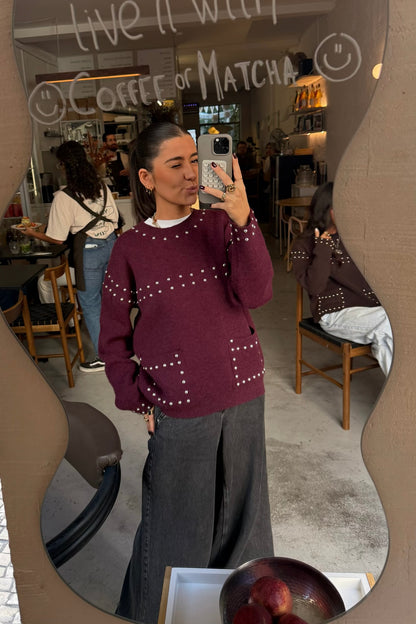 Wine Studded Knit Sweater