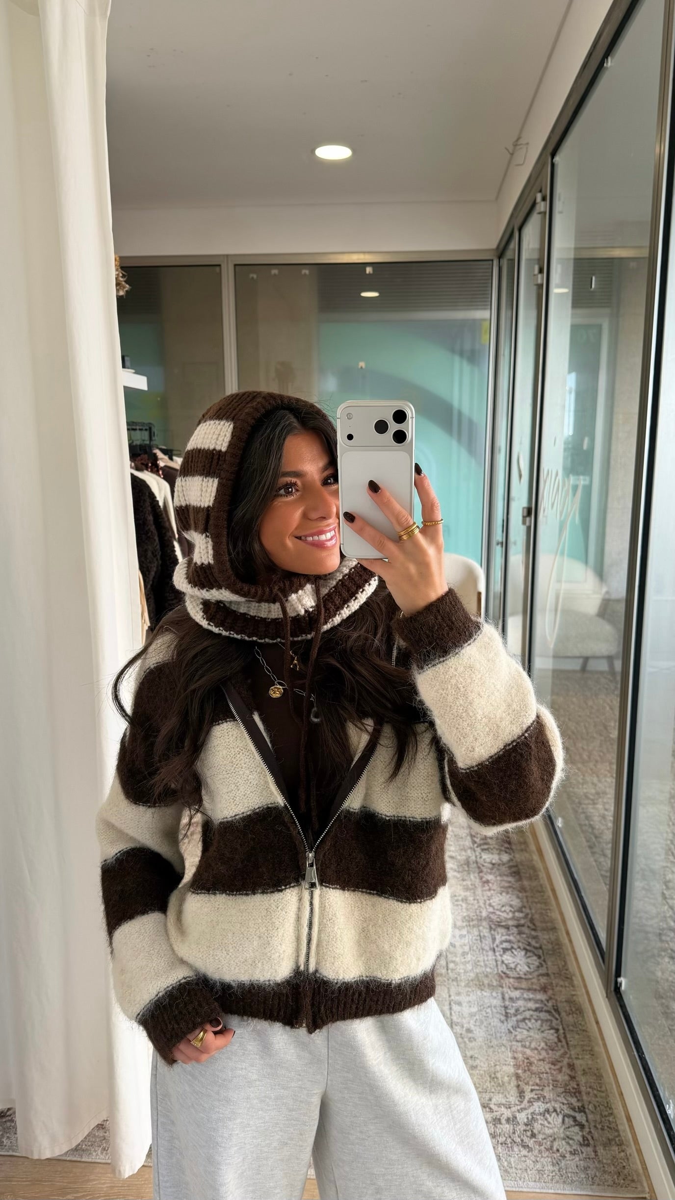 Brown & White Striped Knit Zip Jacket