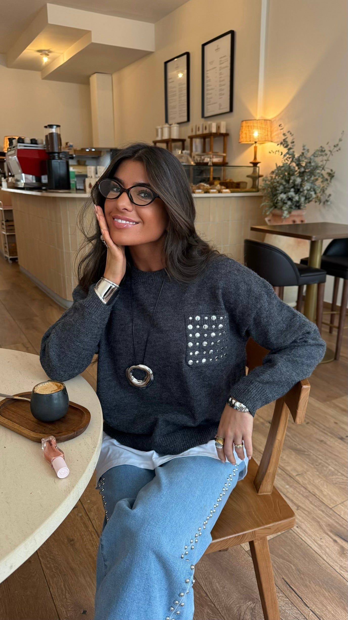 Dark Grey Stud-Detail Knit Sweater