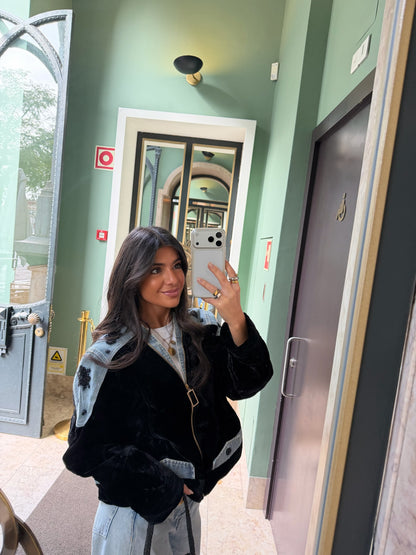 Black Velvet Jacket with Embroidered Denim Accents