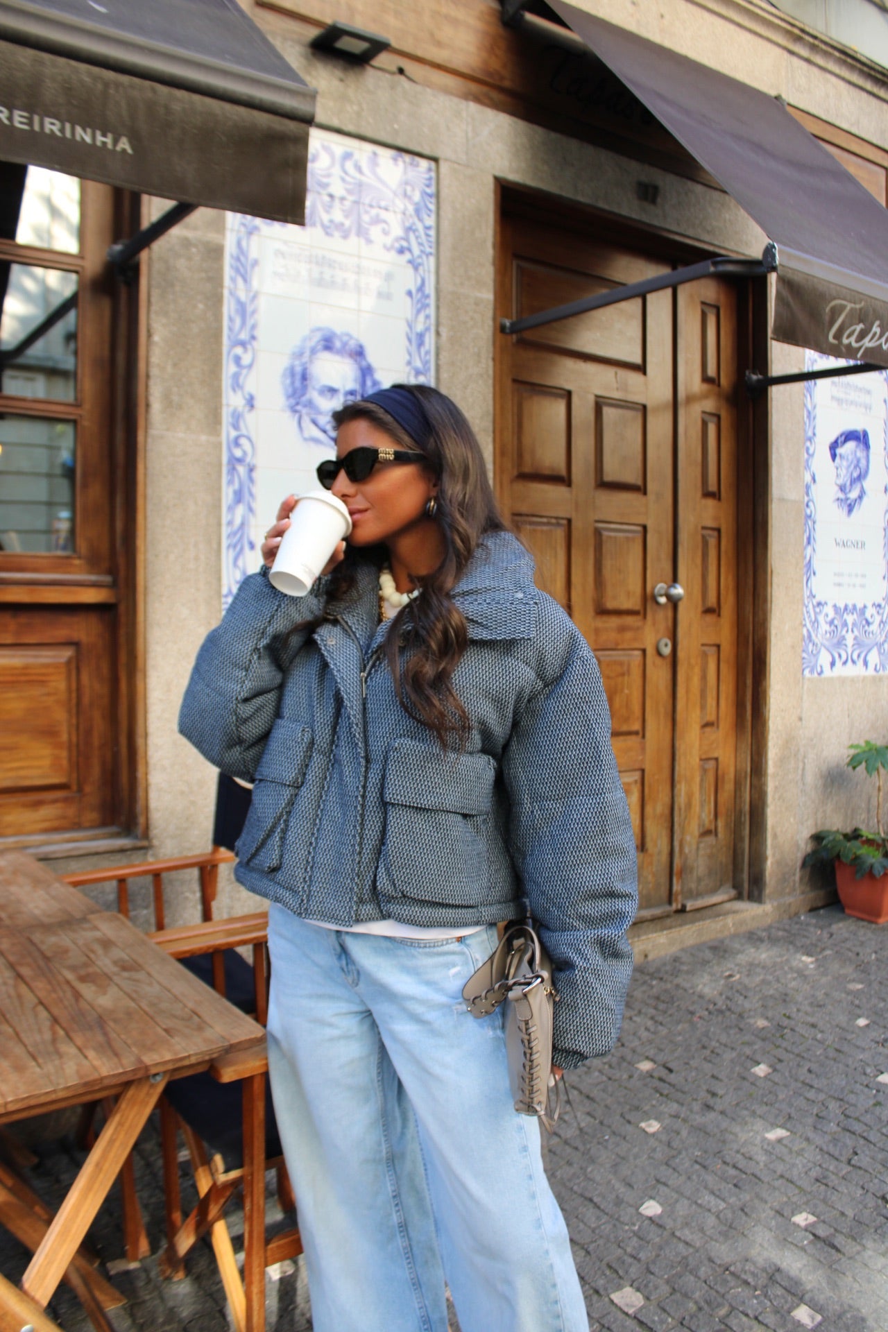 Textured Denim Effect Puffer Jacket