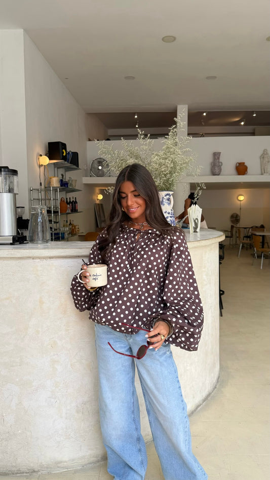 Polka Dot Balloon Blouse in Brown