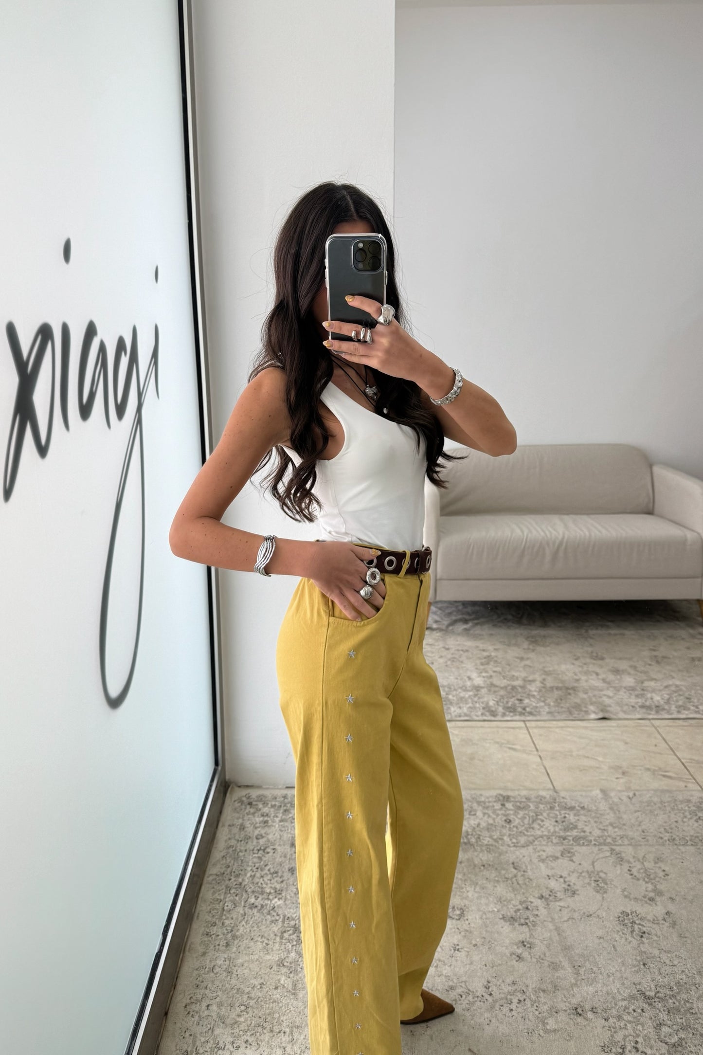 Mustard Jeans with Embroidered Details