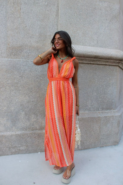 Long Crochet Dress in Shades of Orange