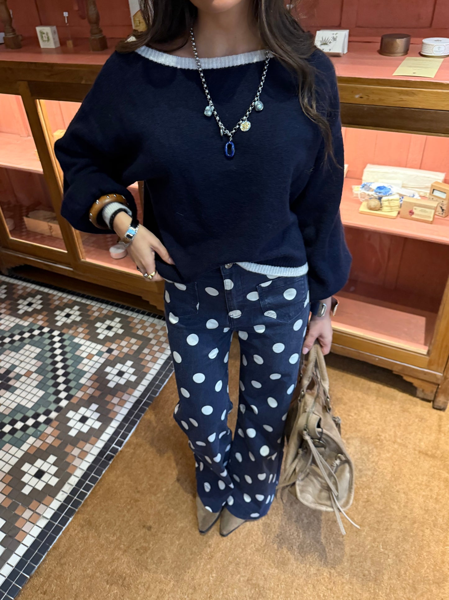 Navy Off-Shoulder Mohair Sweater