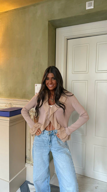 Beige Ruffle Trim Ribbed Blouse