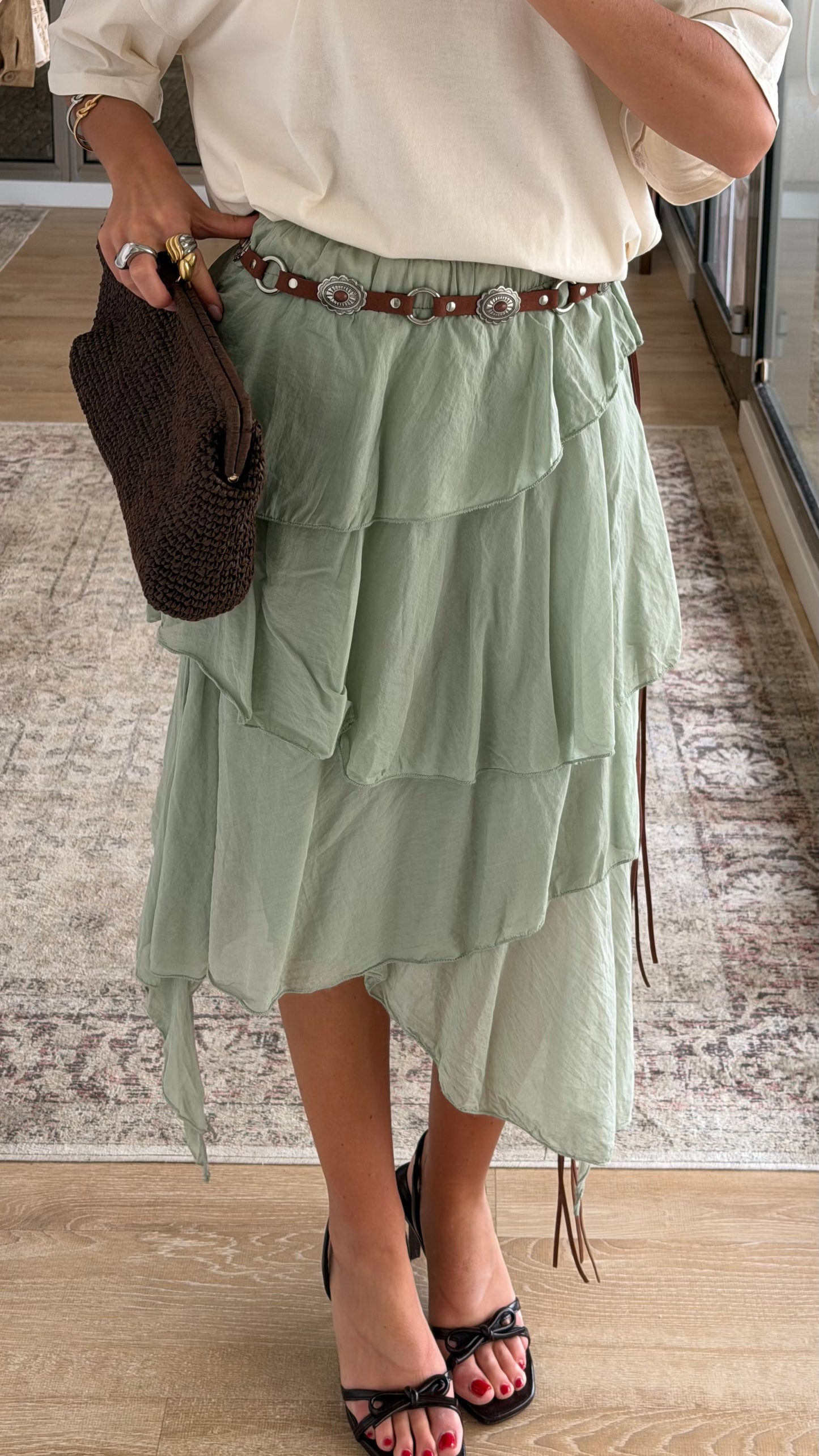 Sage Asymmetric Layered Skirt