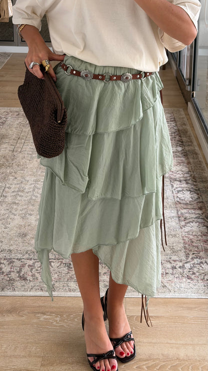 Sage Asymmetric Layered Skirt
