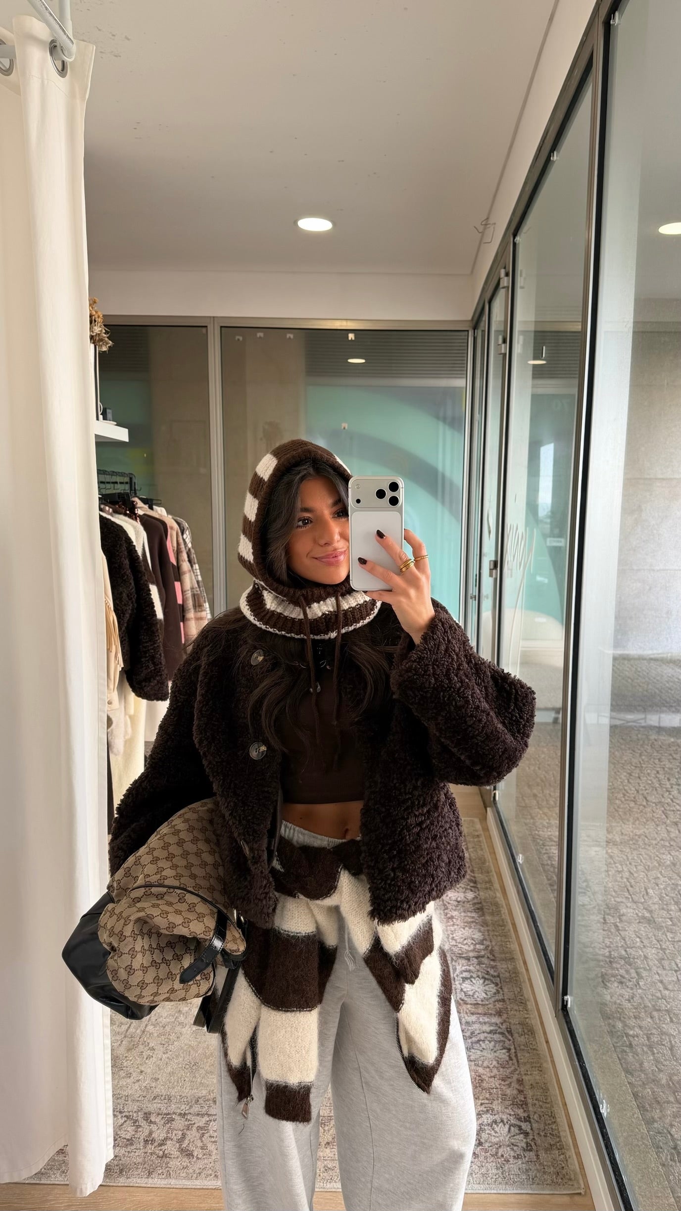 Brown & White Striped Knit Zip Jacket