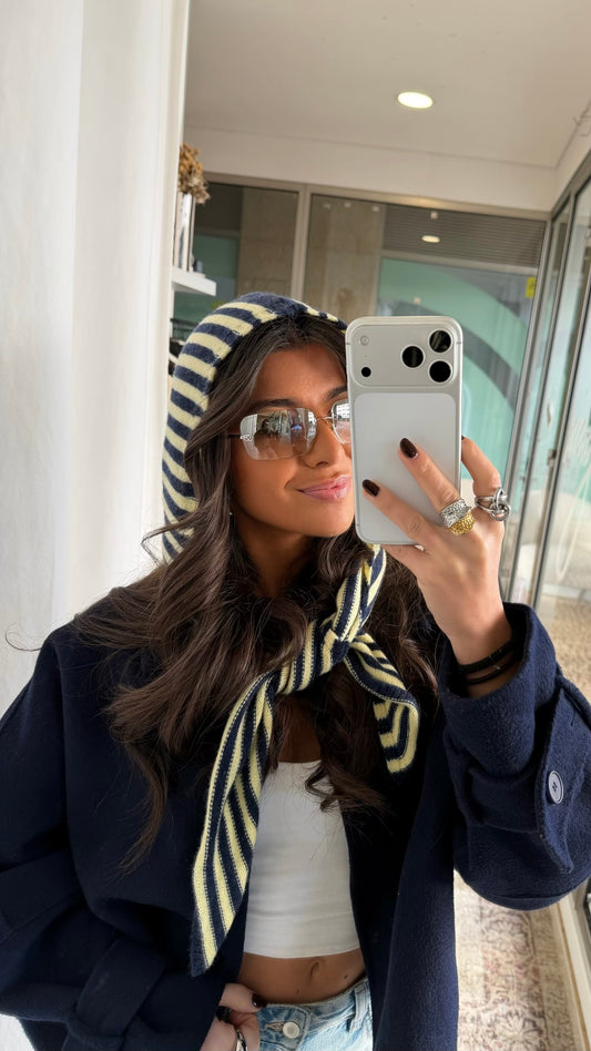 Striped Hooded Knit Scarf in Navy & Butter Yellow