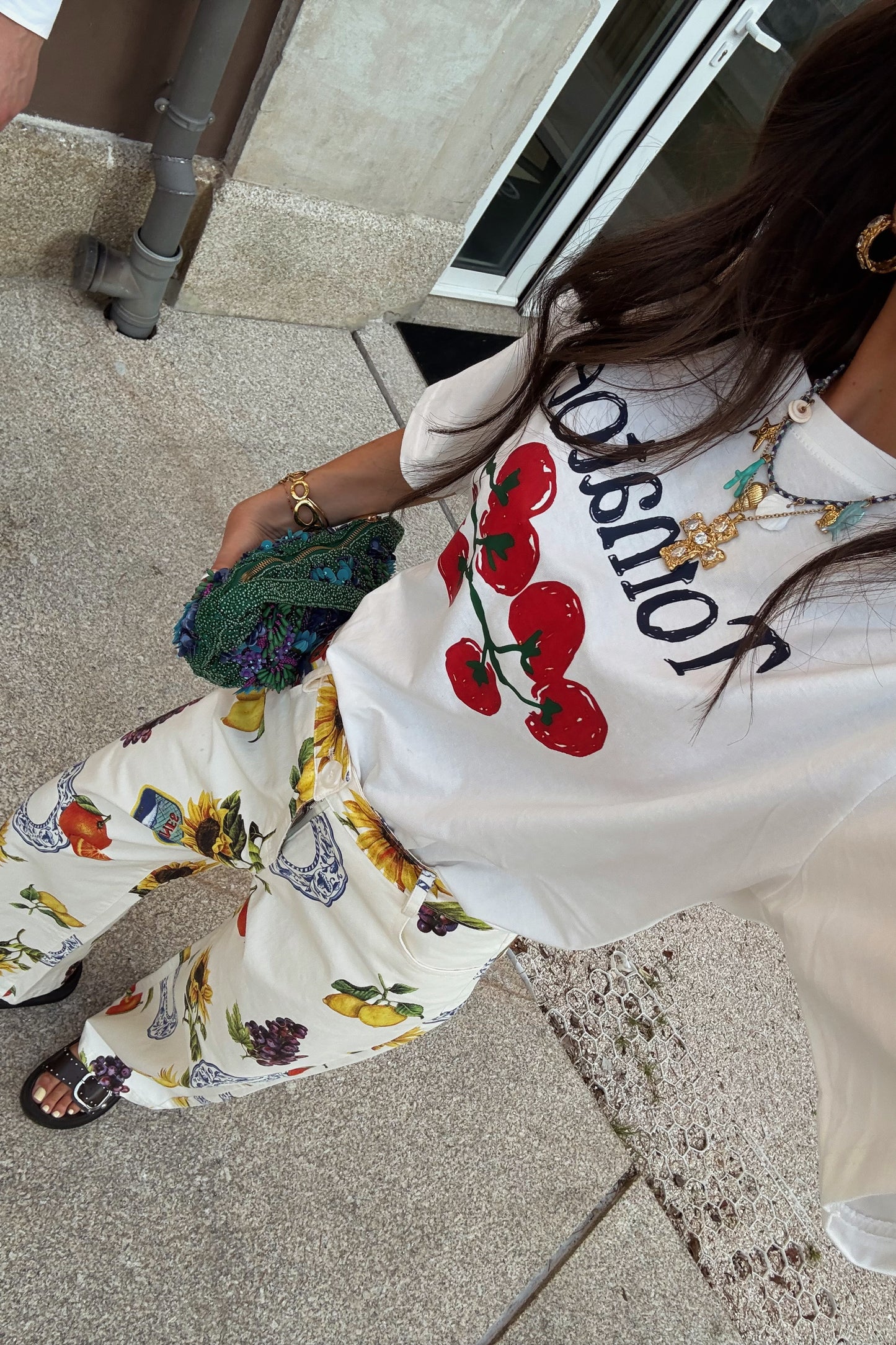 Wide-leg Jeans with Mediterranean-Inspired Prints