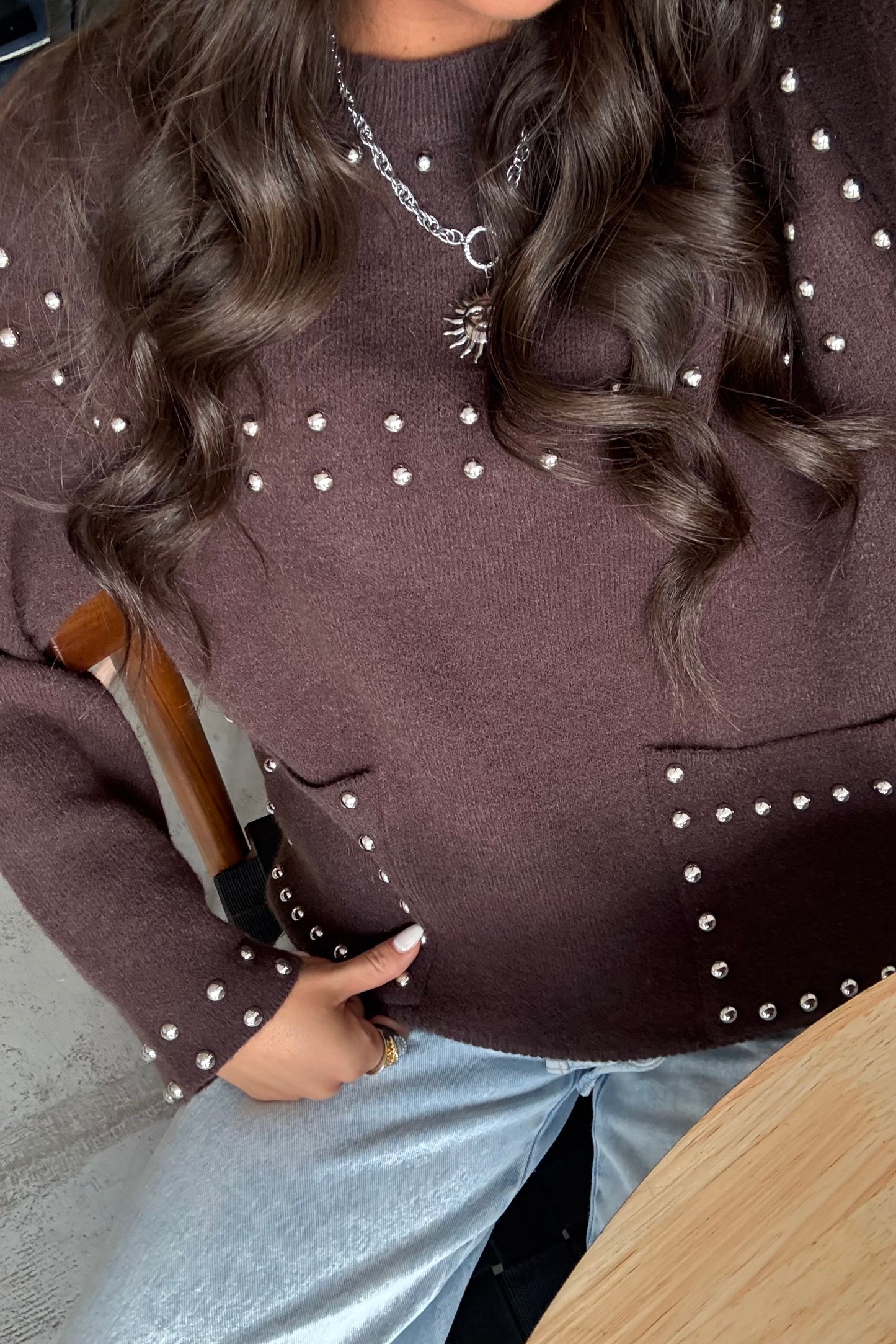 Chocolate Studded Knit Sweater