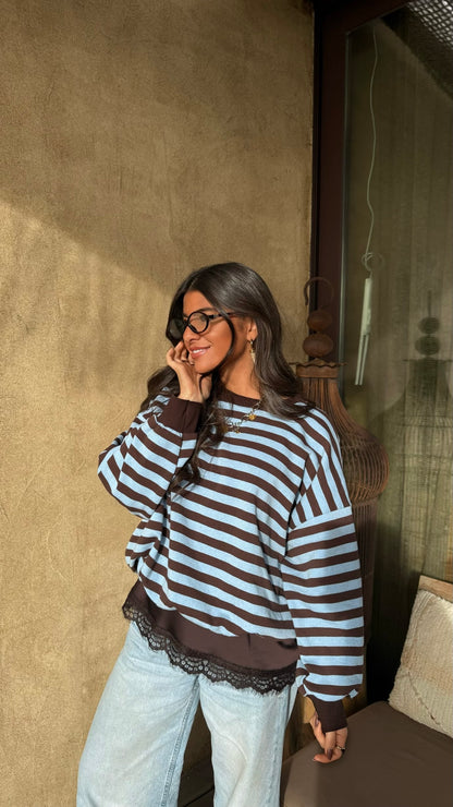 Blue & Chocolate Striped Fleece Sweatshirt