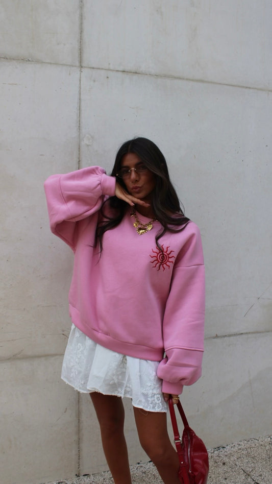 Pink Sweatshirt with Red Sun Embroidery