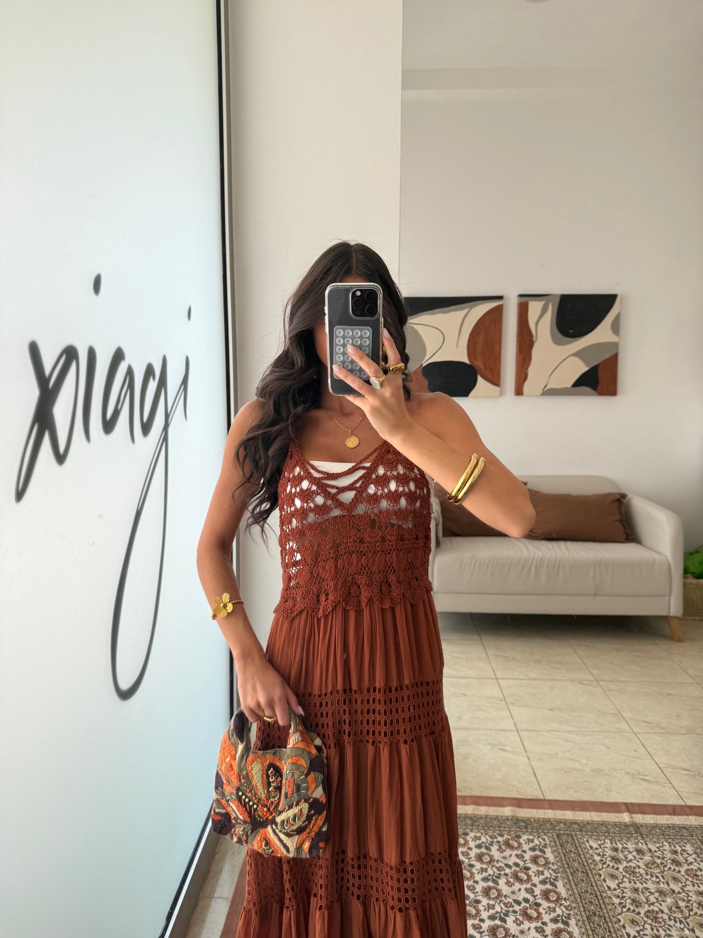 Crochet Trim Maxi Dress in Terracotta
