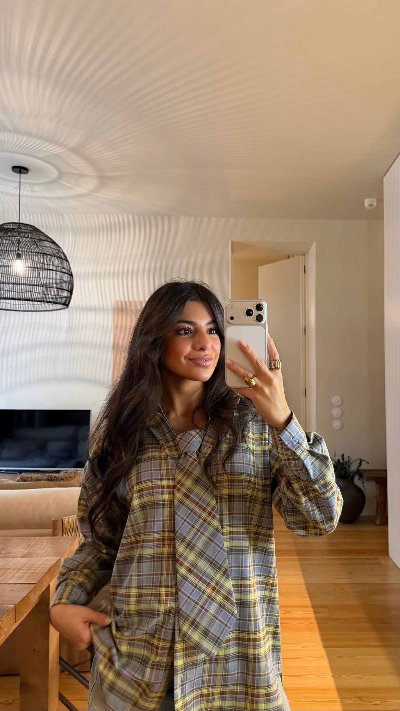 Plaid shirt with tie detail