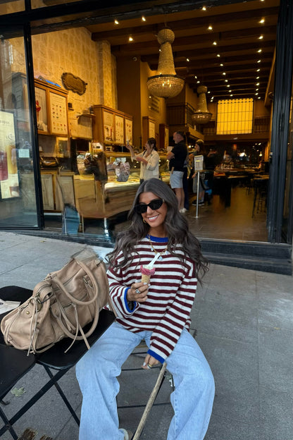 Burgundy & White Striped Mohair Sweater with Blue Details