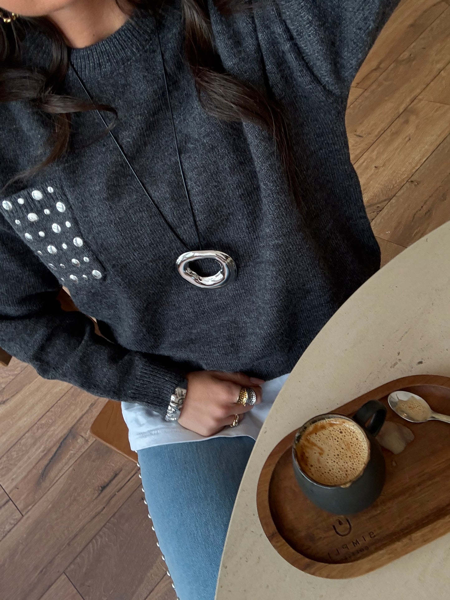 Dark Grey Stud-Detail Knit Sweater