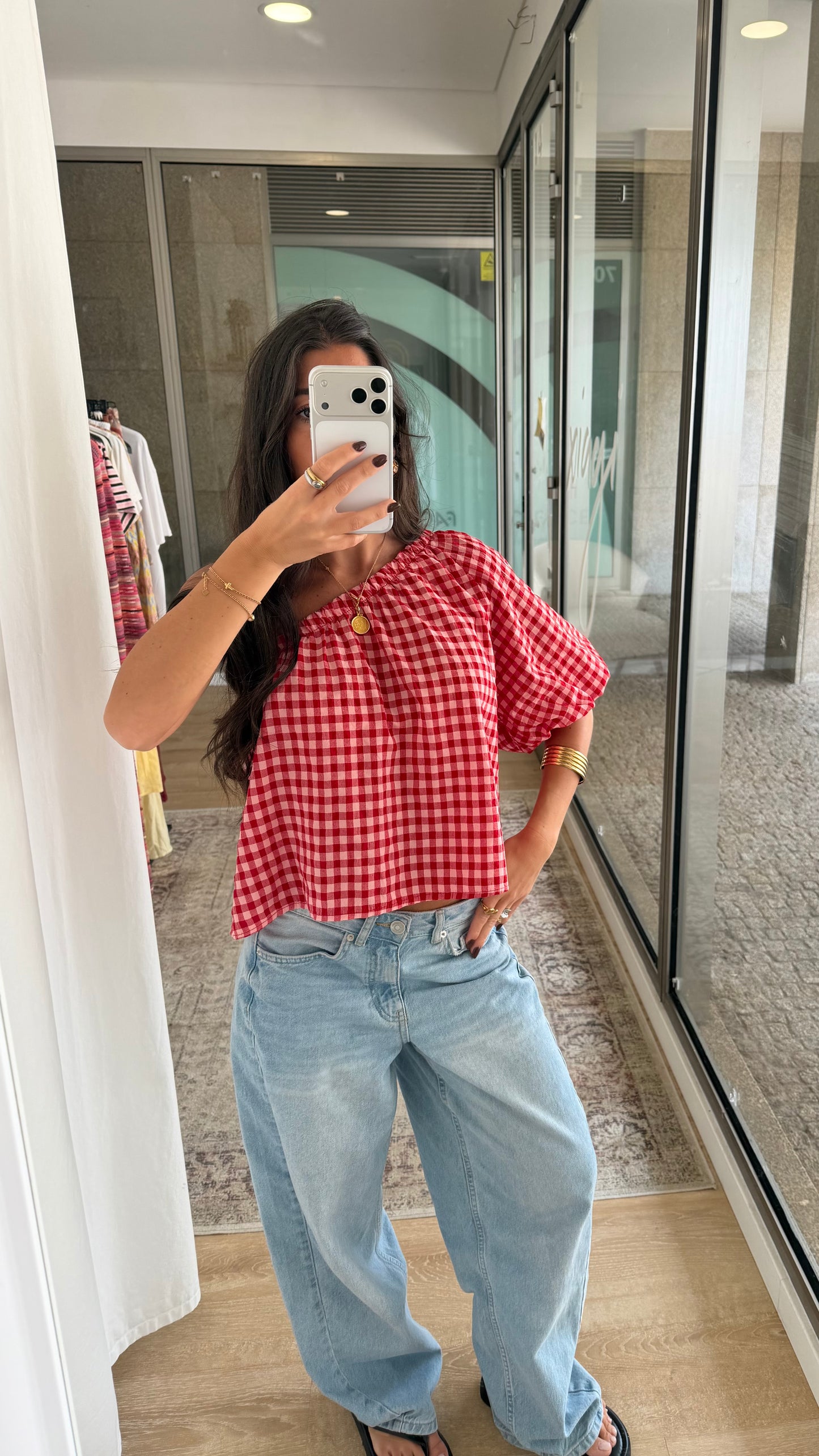 Pink & Red Gingham Asymmetric Top