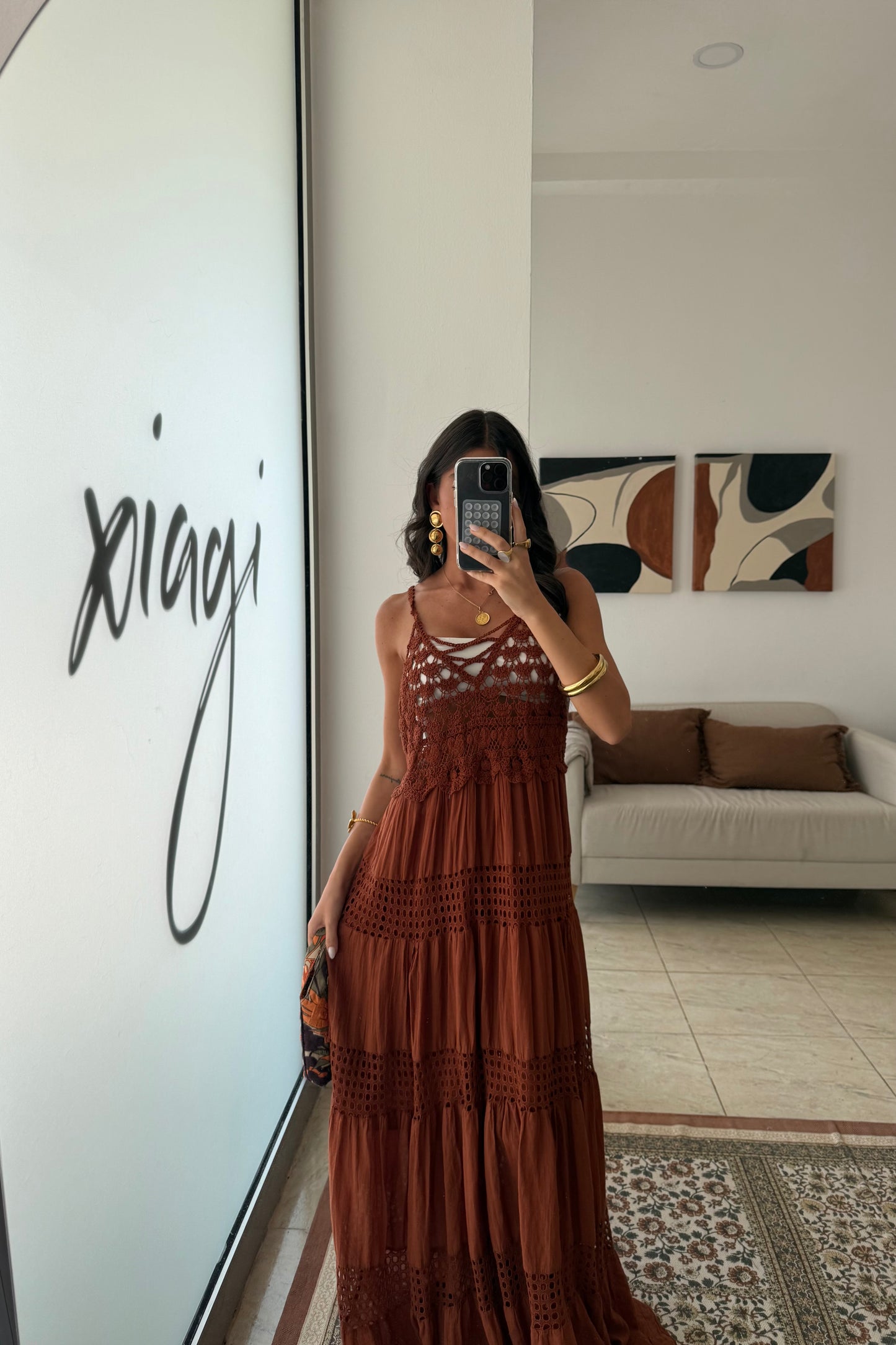 Crochet Trim Maxi Dress in Terracotta