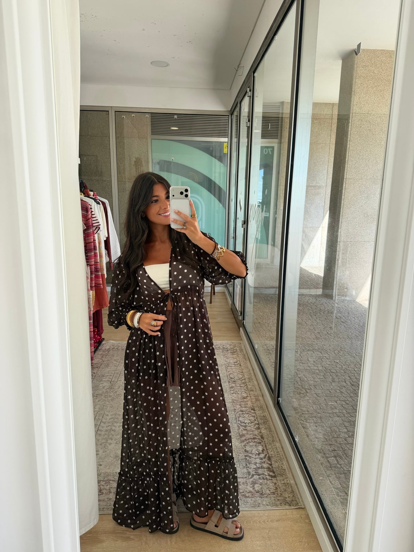 Polka Dot Sheer Maxi Kimono in Brown