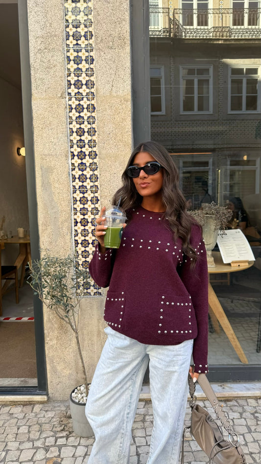 Wine Studded Knit Sweater