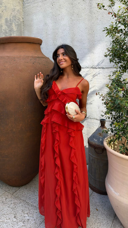 Scarlet Ruffle Maxi Dress