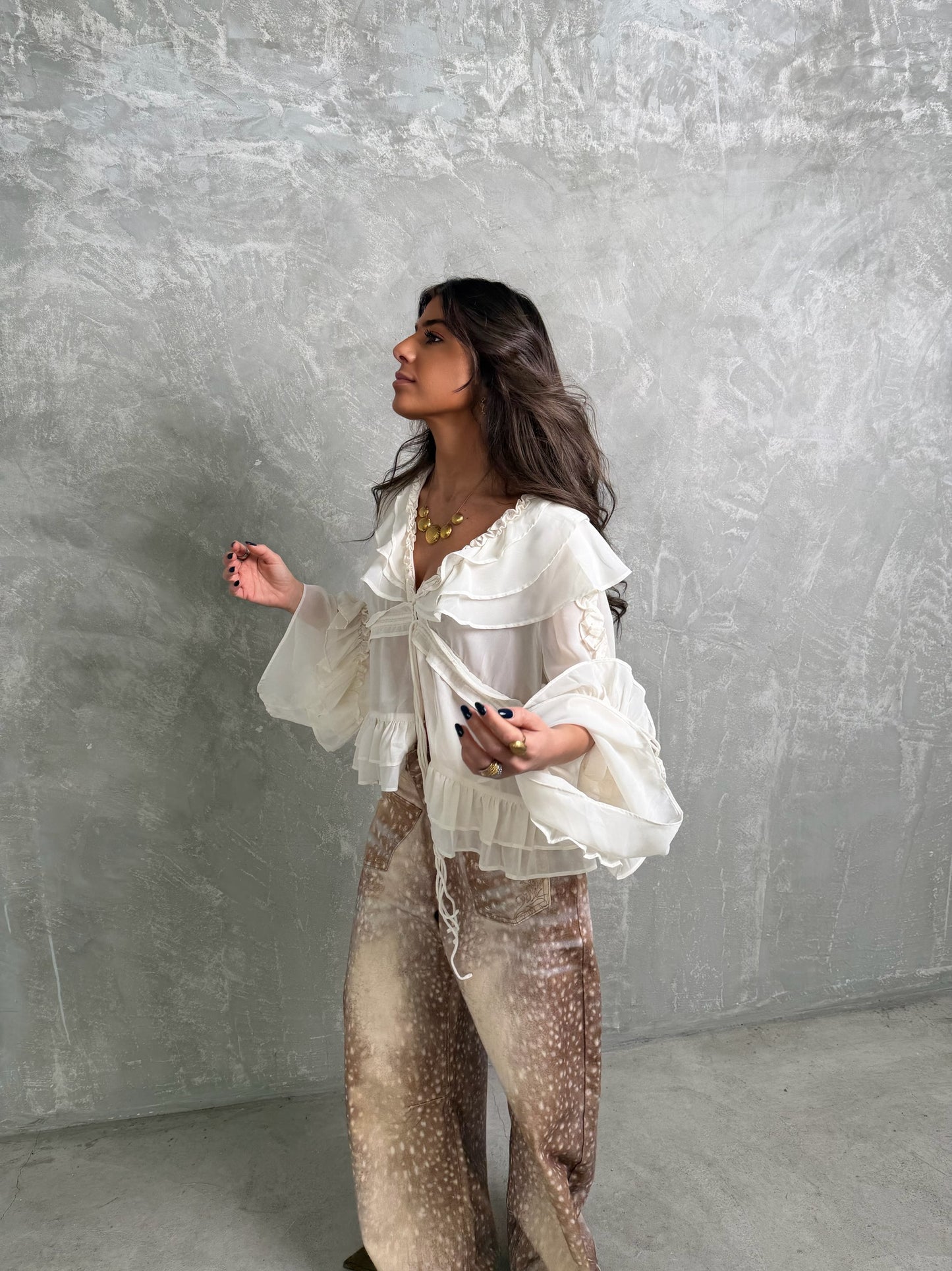 Off White Sheer Ruffle Blouse