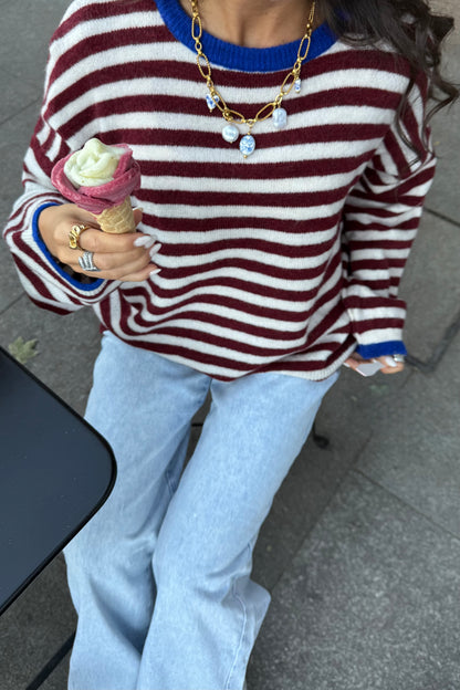 Burgundy & White Striped Mohair Sweater with Blue Details
