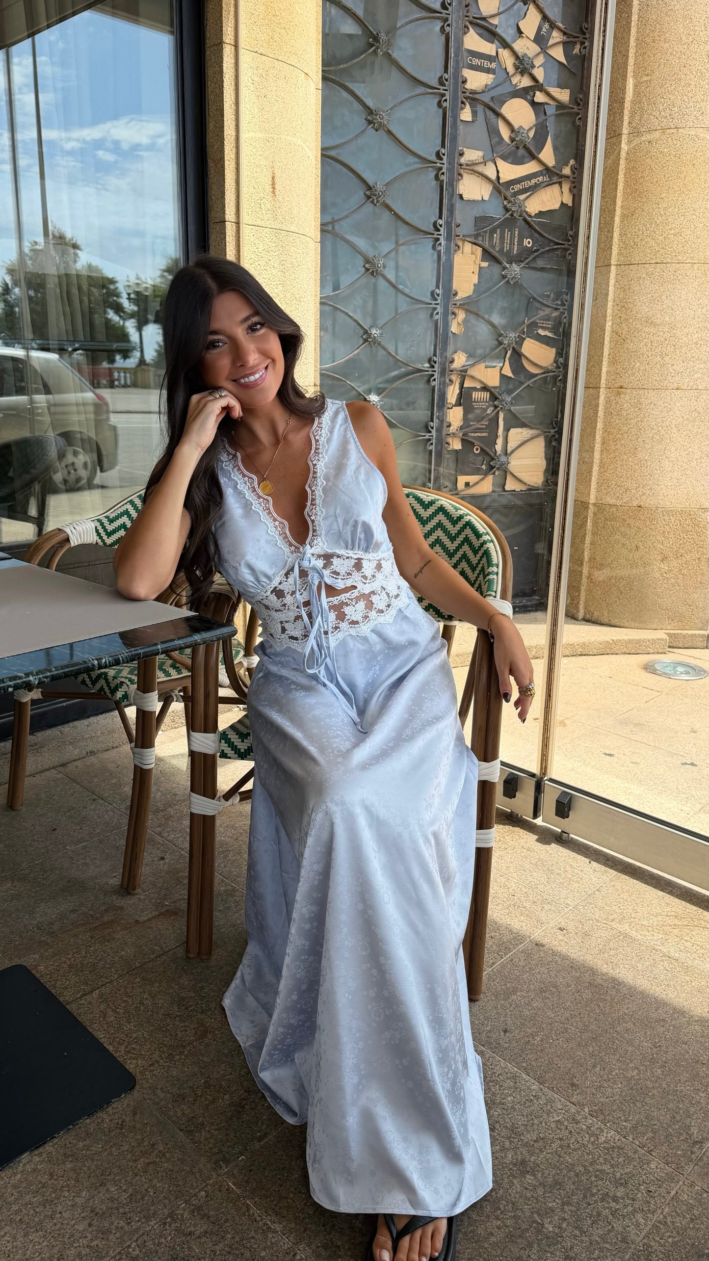 Blue Satin Lace Maxi Dress
