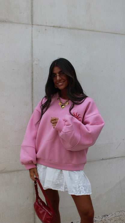 Pink Sweatshirt with Red Sun Embroidery