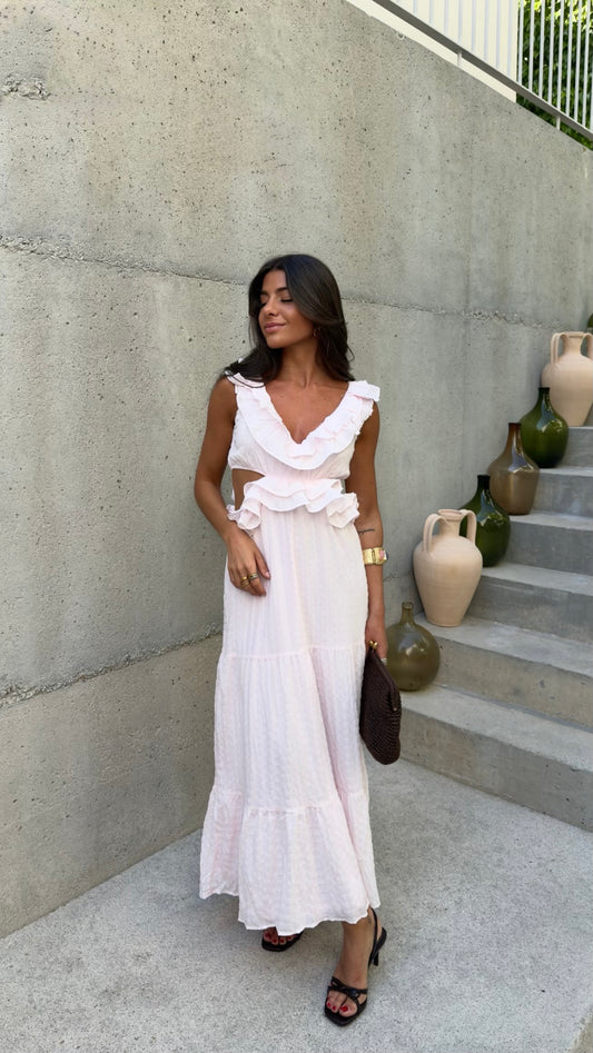 Baby Pink Ruffle Cut-Out Maxi Dress