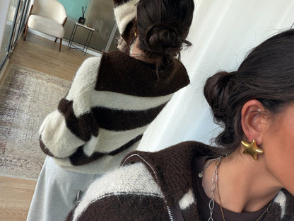 Brown & White Striped Knit Zip Jacket